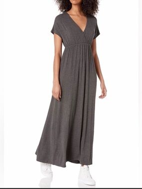 NWT Amazon Essentials Charcoal Heather V-Neck Waisted Maxi Dress Size Large